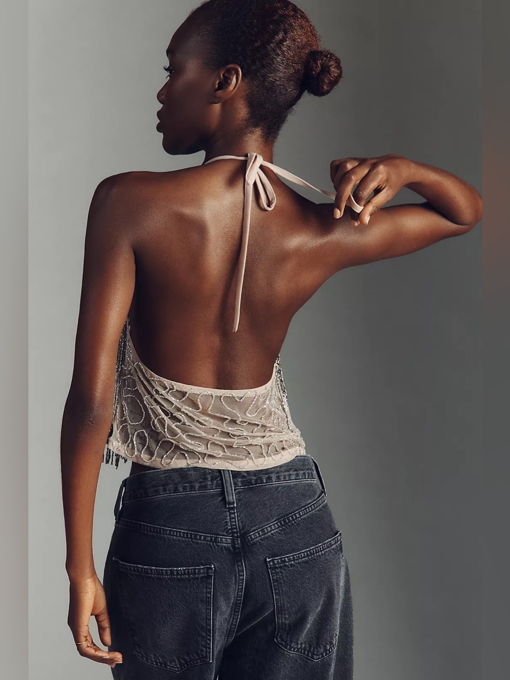 ANTHROPOLOGIE Fringe Beaded Halter Cami Size XS/S in Gold - Picture 4 of 9